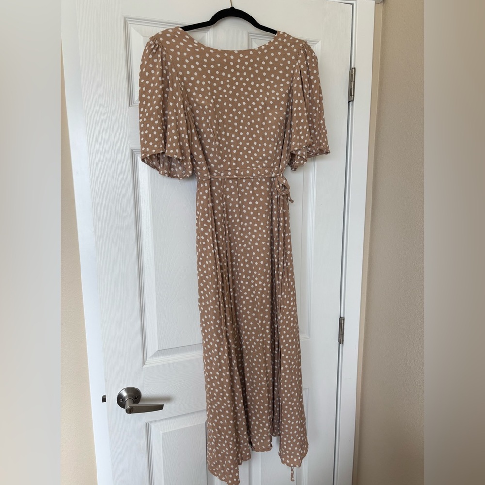 Women’s Polka Dot Wrap Maxi Dress in Taupe